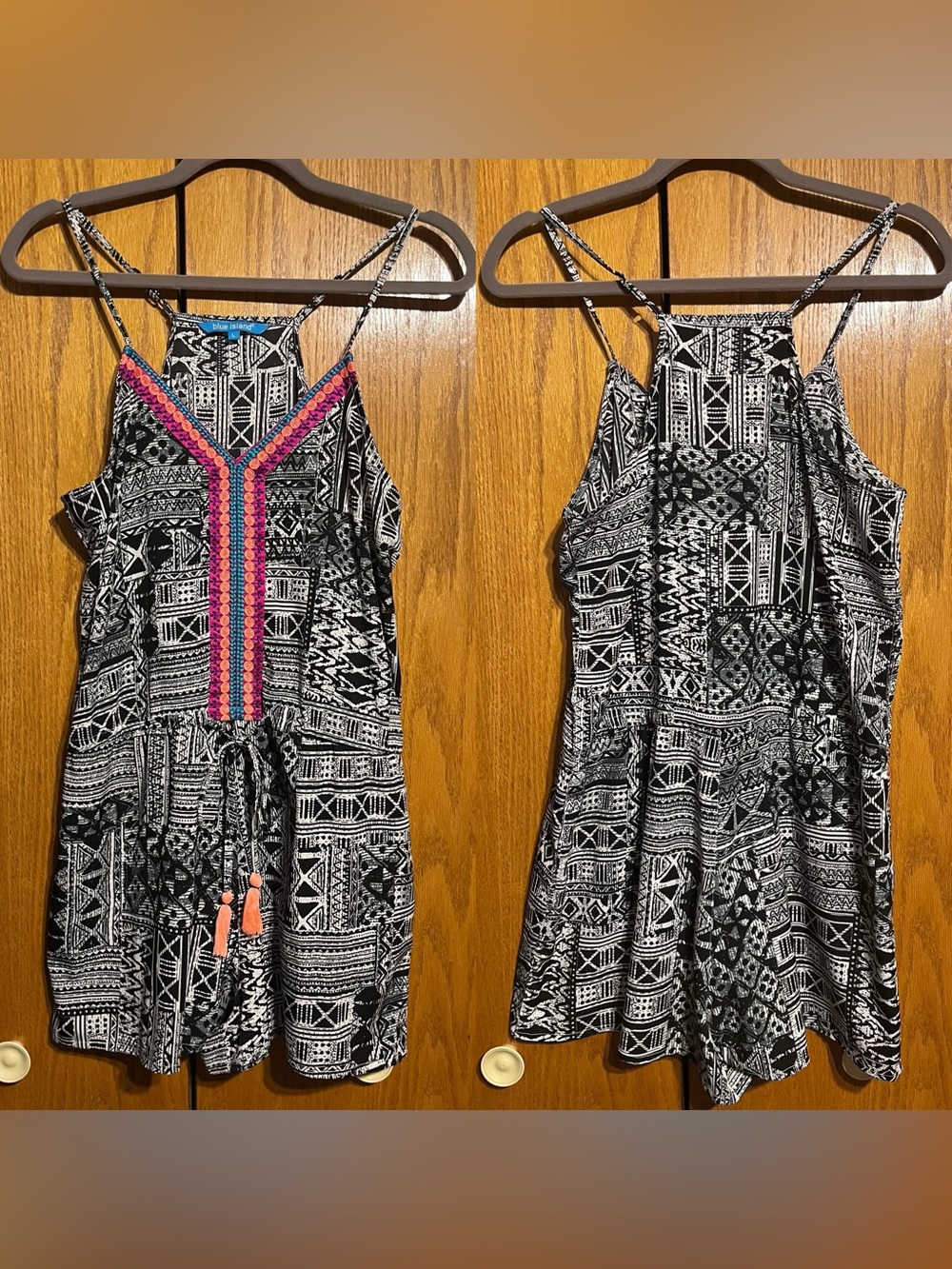 blue island Black & White Printed Sleeveless Romper with Pink Trim